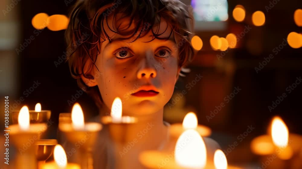 Child gazes intently at lit candles in a serene church during a quiet moment of reflection Child gazes intently at lit candles in a serene church during a quiet moment of reflection