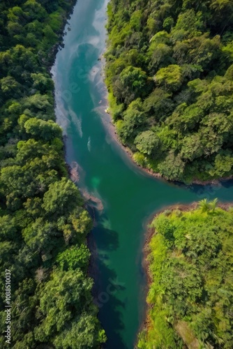 Beautiful natural scenery of river in southeast Asia tropical green forest with mountains in background, aerial view drone shot - generative ai