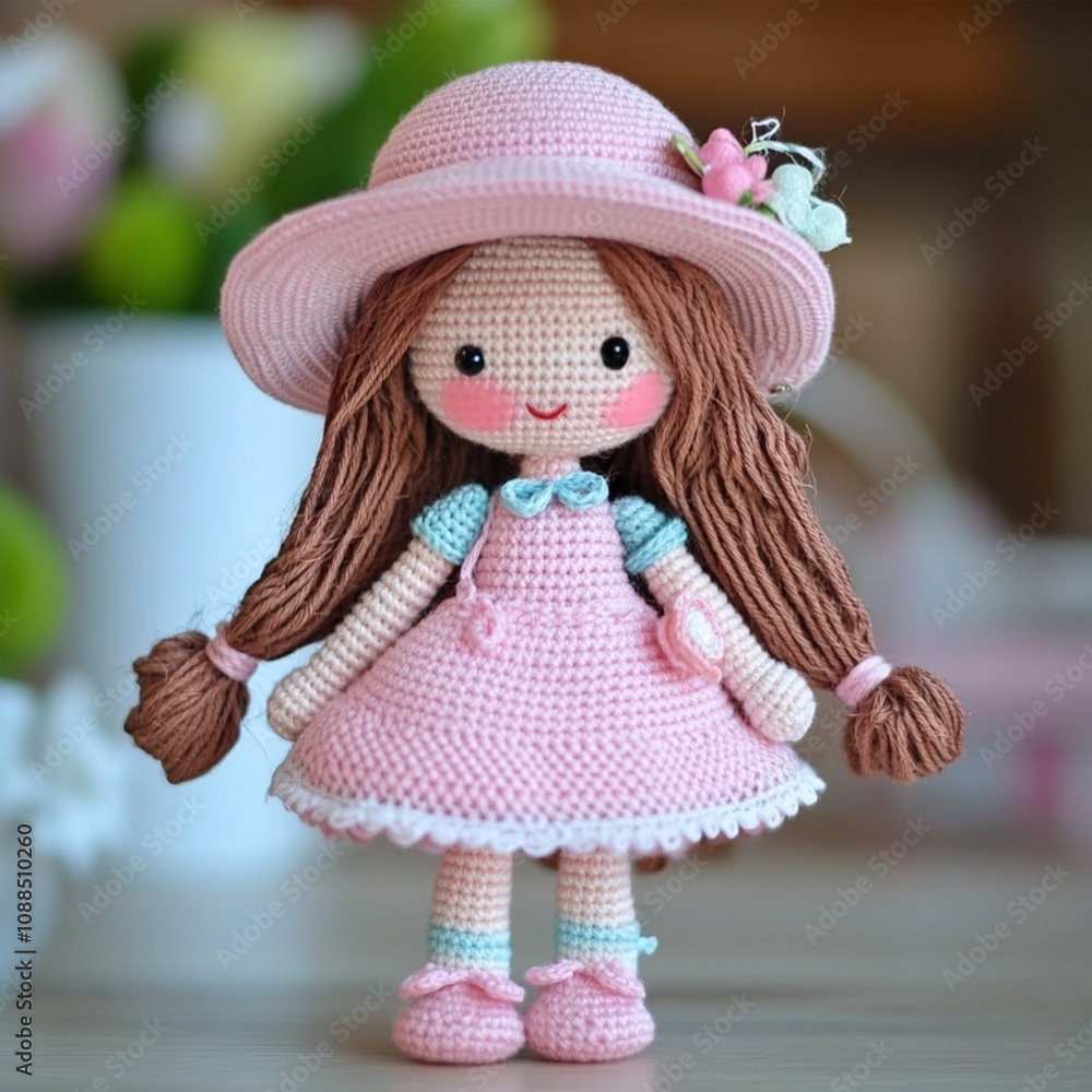 Beautiful handmade doll wearing a hat and a dress crocheted nice lovely girl decor design art photo object Beautiful handmade doll wearing a hat and a dress crocheted nice lovely girl decor design art photo object