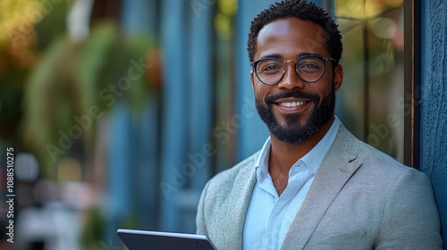 Portrait of a young businessman holding a tablet, smiling and standing against a blue background.