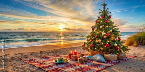 Beach Picnic with Christmas Tree Decorations, Copy Space for Text, Perfect for Holiday Invitations, 2024 New Year Celebration, Festive Atmosphere by the Ocean