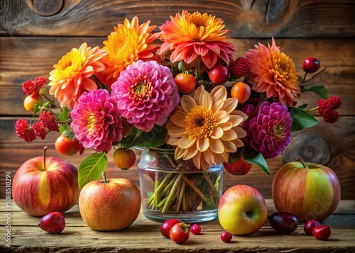 Beautiful Autumn Still Life: Vibrant Bouquet of Dahlia and Chrysanthemum with Fresh Apples and Berries on Rustic Wooden Table, Capturing the Essence of Fall in Macro Photography