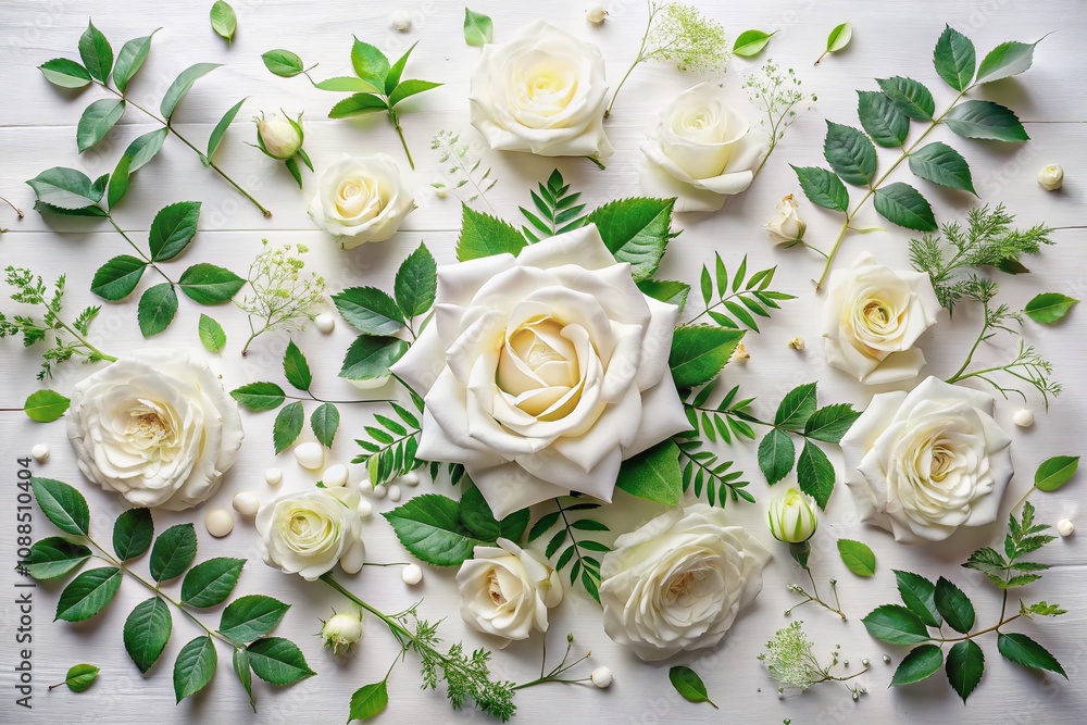 Beautiful Double Exposure of White Roses and Green Leaves on a White Table, Creating a Stunning Floral Pattern in Flat Lay Styling for Artistic and Elegant Imagery Beautiful Double Exposure of White Roses and Green Leaves on a White Table, Creating a Stunning Floral Pattern in Flat Lay Styling for Artistic and Elegant Imagery
