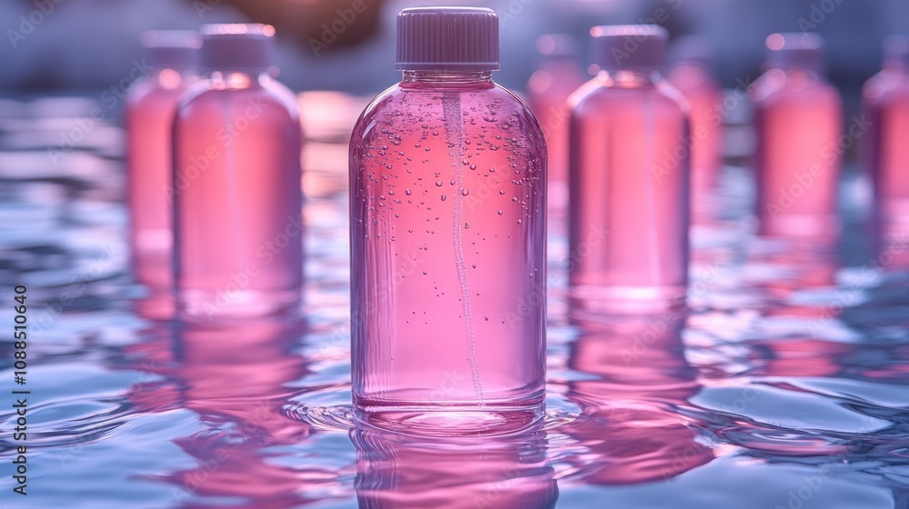 Pink bottles floating in water, creating a serene ambiance. Pink bottles floating in water, creating a serene ambiance.