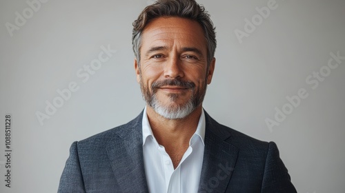 Middle-aged businessman in a suit, holding a smartphone and smiling, isolated against a white background.