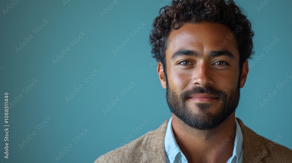 Obraz premium Portrait of a young professional with a laptop, looking confident, isolated against a light blue background.