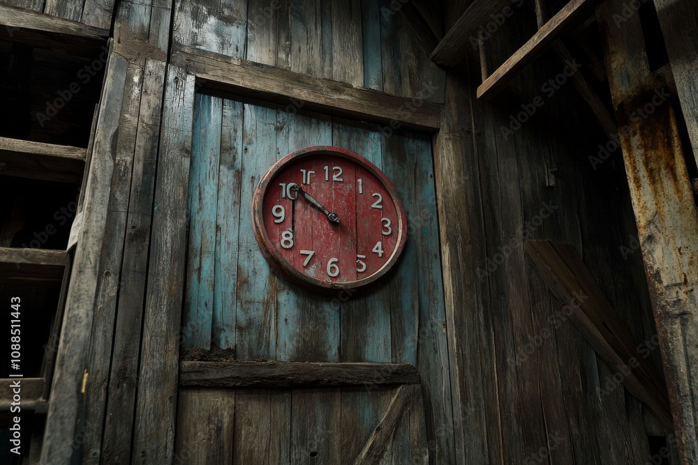 custom made wallpaper toronto digitalVintage Red Clock on Rustic Wooden Wall in an Old Building
