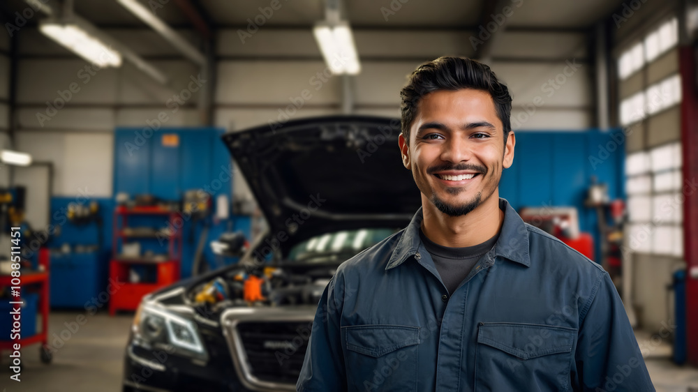 Smiling Latino Mechanic Working on Car Engine in Uniform at Mechanic Shop Smiling Latino Mechanic Working on Car Engine in Uniform at Mechanic Shop