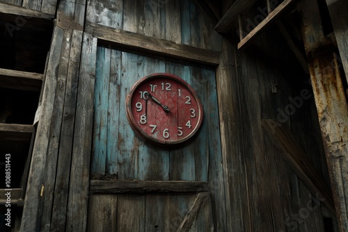Wallpaper Mural Vintage Red Clock on Rustic Wooden Wall in an Old Building Torontodigital.ca