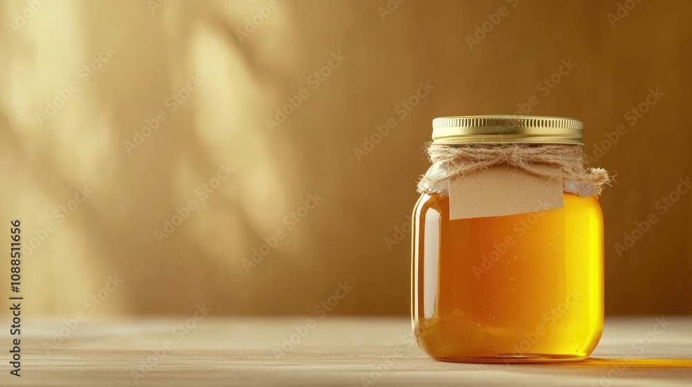 Fresh Honey in Jar with Rustic Label and Natural Light Fresh Honey in Jar with Rustic Label and Natural Light