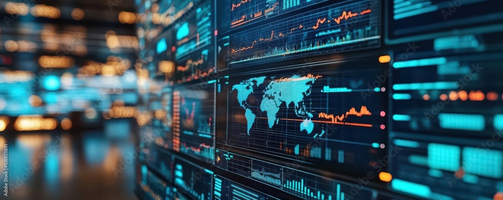 Professionals monitoring global risks on an array of floating screens, intense focus and immersive business tools Professionals monitoring global risks on an array of floating screens, intense focus and immersive business tools