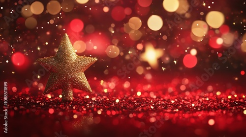  Christmas Stars Tree Golden on Shiny Red Bokeh Abstract Background photo