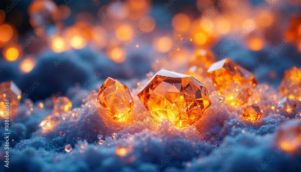 Glowing Amber Crystals in Snow. Concept of magic, winter, and fantasy. Glowing Amber Crystals in Snow. Concept of magic, winter, and fantasy.