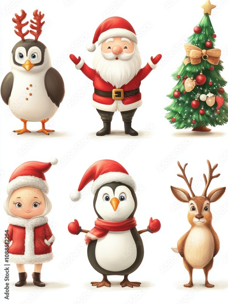 Christmas characters. Santa claus, fir-tree and penguin, snowman and elf, hare and owl, deer and gingerbread man cartoon set Christmas characters. Santa claus, fir-tree and penguin, snowman and elf, hare and owl, deer and gingerbread man cartoon set