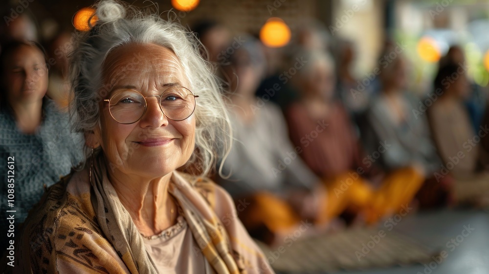 A dynamic scene of an elderly woman attending a group health class, focusing on wellness activities like yoga and stretching, promoting healthy aging through physical and social engagement A dynamic scene of an elderly woman attending a group health class, focusing on wellness activities like yoga and stretching, promoting healthy aging through physical and social engagement