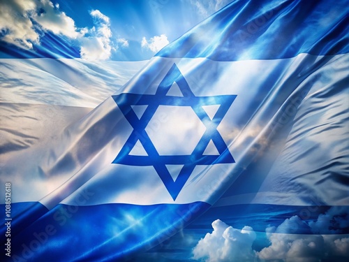 Captivating Double Exposure of the Israeli Flag and Star of David Showcasing Silky Textures in Vibrant Blue and White Colors for Artistic Representation