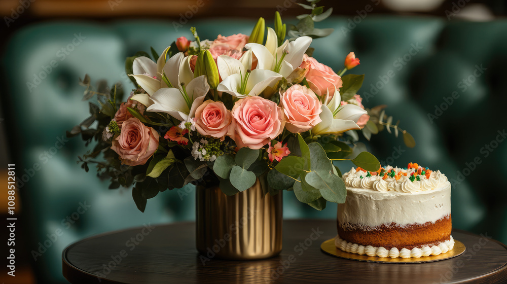Pink roses, white lilies, and greenery in a gold vase, set beside a birthday cake on a chic table Pink roses, white lilies, and greenery in a gold vase, set beside a birthday cake on a chic table