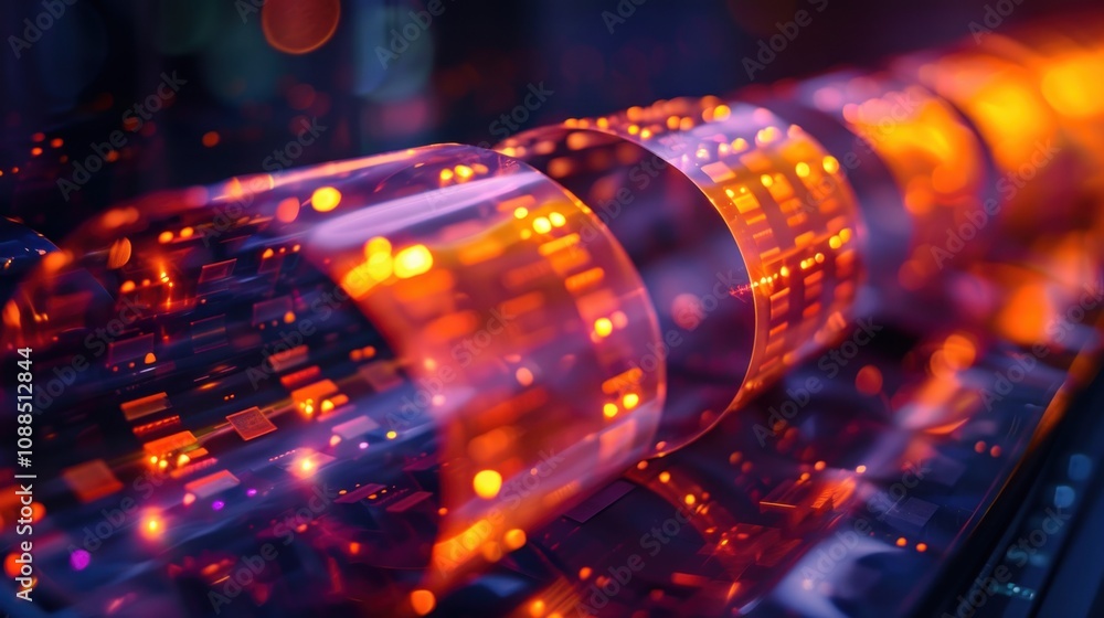 A dynamic shot of a flexible electronic display made with nanomaterials, showcasing the use of nanotechnology in creating next-generation electronics with improved durability and performance A dynamic shot of a flexible electronic display made with nanomaterials, showcasing the use of nanotechnology in creating next-generation electronics with improved durability and performance