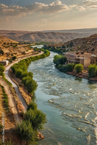 Rumkale, Savaşan village, Euphrates River and Abyssinian stream. One side of the river is Gaziantep and the other side is Şanlıurfa province. The Euphrates river separates - generative ai photo