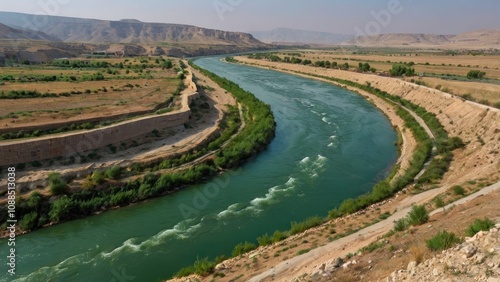 Rumkale, Savaşan village, Euphrates River and Abyssinian stream. One side of the river is Gaziantep and the other side is Şanlıurfa province. The Euphrates river separates - generative ai photo