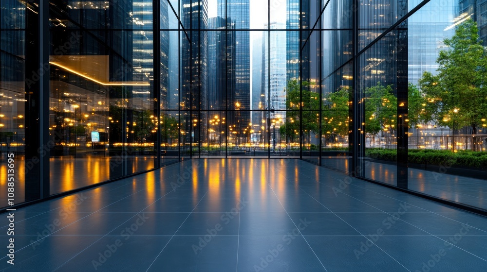Modern urban interior with glass walls and city view at dusk. Modern urban interior with glass walls and city view at dusk.