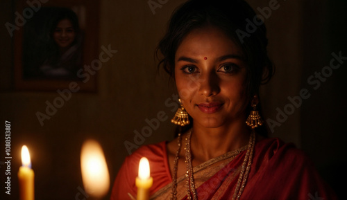 an indian woman smiling, close up shoot with a candle dramatic light, wearing traditional attire and make up on night environment shoot