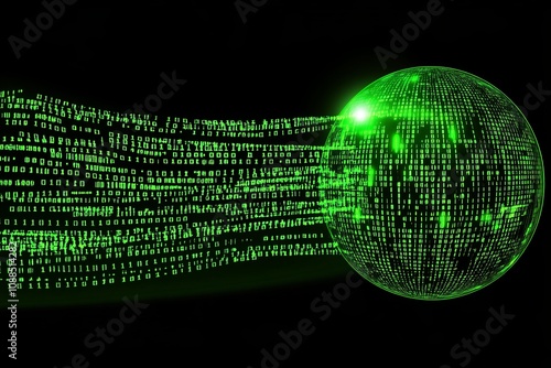 Abstract Digital Sphere: Green Binary Code Data Flow photo