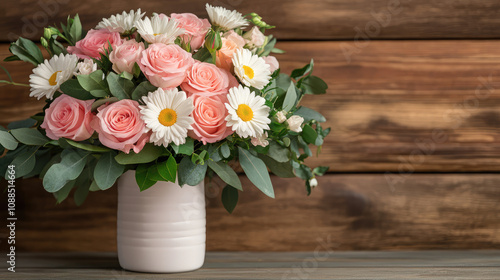 A vase of flowers sits on a wooden table