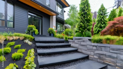 Beautiful modern landscaping design featuring lush greenery and stone steps in a residential garden