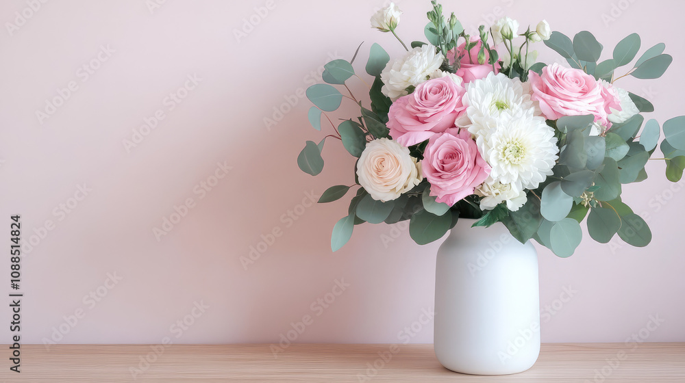A white vase with pink and white flowers in it sits on a wooden table A white vase with pink and white flowers in it sits on a wooden table