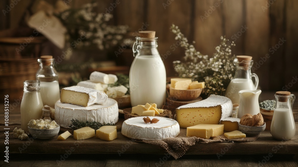 A rustic wooden table is adorned with a variety of dairy products, including milk, cheese, and creamy butter, creating a warm atmosphere. Generative AI A rustic wooden table is adorned with a variety of dairy products, including milk, cheese, and creamy butter, creating a warm atmosphere. Generative AI