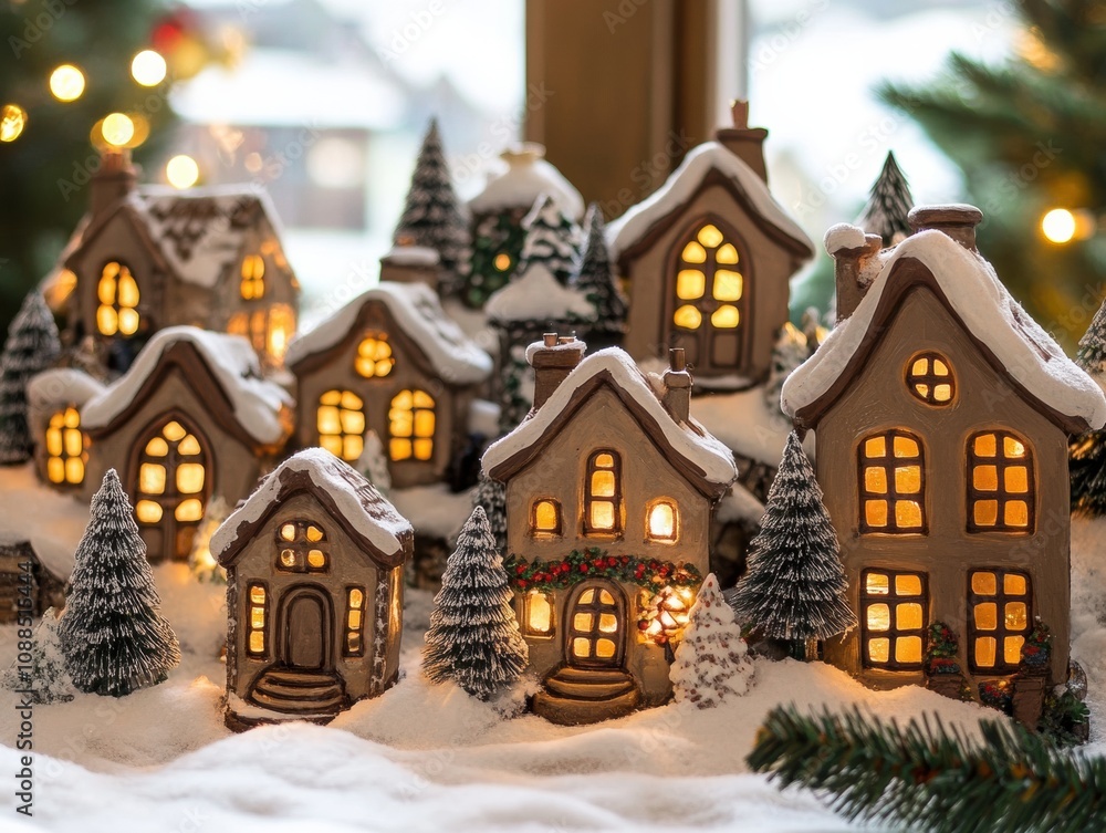 Handmade Christmas village with snow. Handmade Christmas village with snow.