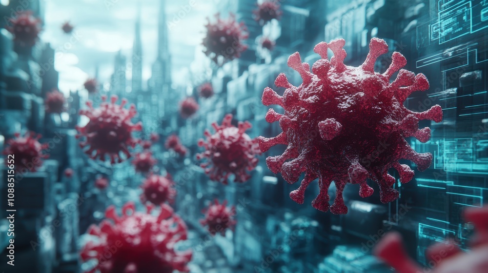 Global Pandemic: A dramatic 3D rendering of a virus outbreak, with multiple virus particles swirling around a miniature Earth, emphasizing the global impact of the pandemic. Global Pandemic: A dramatic 3D rendering of a virus outbreak, with multiple virus particles swirling around a miniature Earth, emphasizing the global impact of the pandemic.