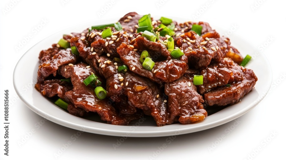 A plate of spicy Korean BBQ beef bulgogi with marinated beef, sesame seeds, and green onions A plate of spicy Korean BBQ beef bulgogi with marinated beef, sesame seeds, and green onions