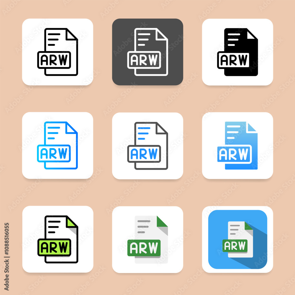 Set of arw file format icons in flat style for a modern look Set of arw file format icons in flat style for a modern look