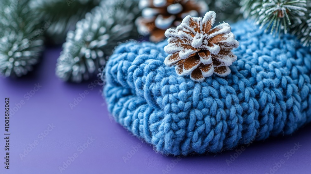 Obraz premium Cozy knitted blue accessory adorned with a frost-covered pinecone and evergreen branches on a purple background