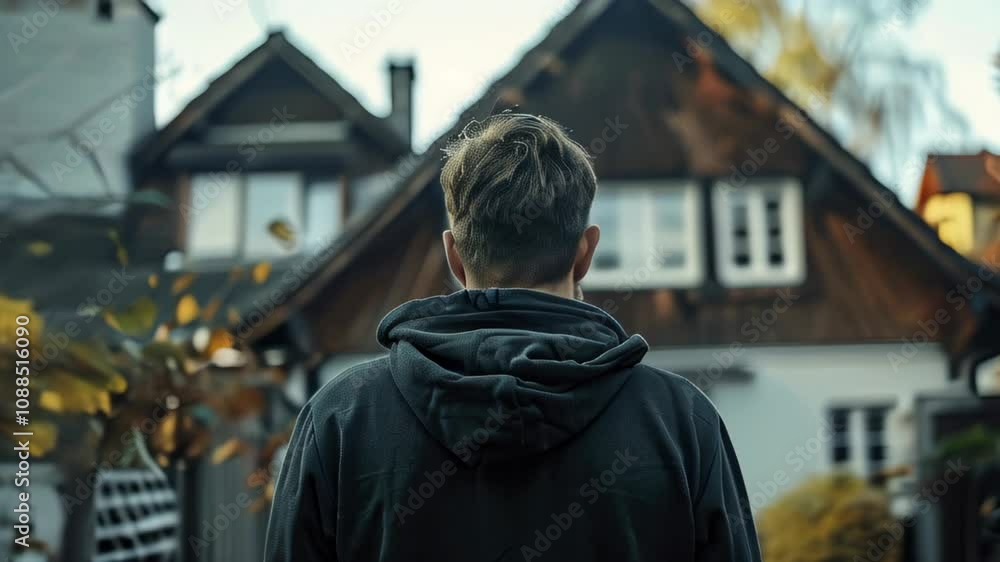 Man stands outdoors facing a rustic house surrounded by autumn foliage at dusk Man stands outdoors facing a rustic house surrounded by autumn foliage at dusk