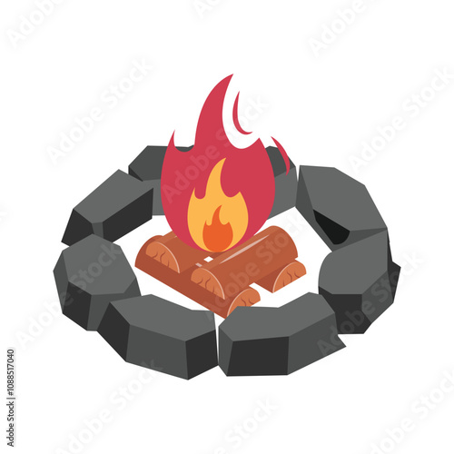 Isometric icon of stone lined campfire for warmth and light in nature