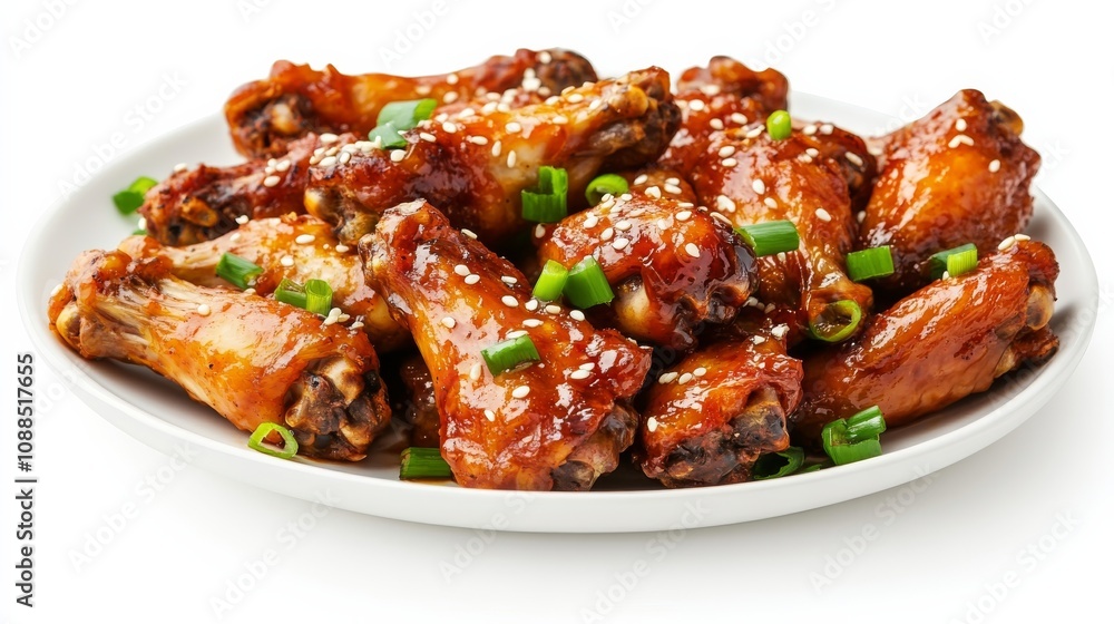 A plate of spicy sriracha chicken wings with sriracha glaze, sesame seeds, and green onions A plate of spicy sriracha chicken wings with sriracha glaze, sesame seeds, and green onions