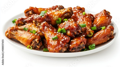 A plate of spicy sriracha chicken wings with sriracha glaze, sesame seeds, and green onions