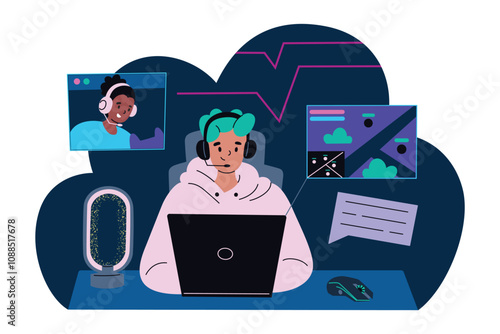 Gamer playing online game on laptop, chatting remotely with friend. Cooperative video game, gaming mouse, and game screen. Cartoon character, vector illustration in flat style
