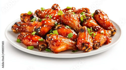 A plate of spicy sriracha chicken wings with sriracha glaze, sesame seeds, and green onions