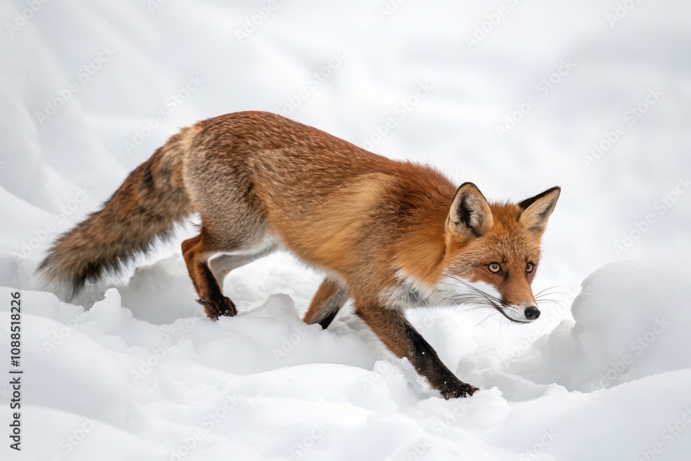 Fox foraging in snowy landscape nature winter scene Fox foraging in snowy landscape nature winter scene