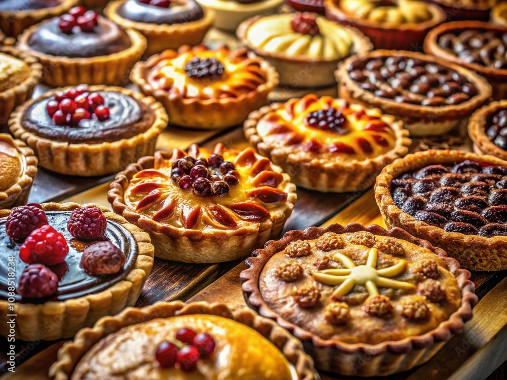 Close-Up Panoramic View of Deliciously Baked Pies at a Bakery, Featuring an Array of Flavors and Textures, Capturing the Essence of Freshly Made Pastries and Their Golden Crusts Close-Up Panoramic View of Deliciously Baked Pies at a Bakery, Featuring an Array of Flavors and Textures, Capturing the Essence of Freshly Made Pastries and Their Golden Crusts
