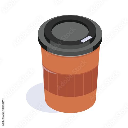 Isometric icon of disposable coffee cup for hot beverages on the go