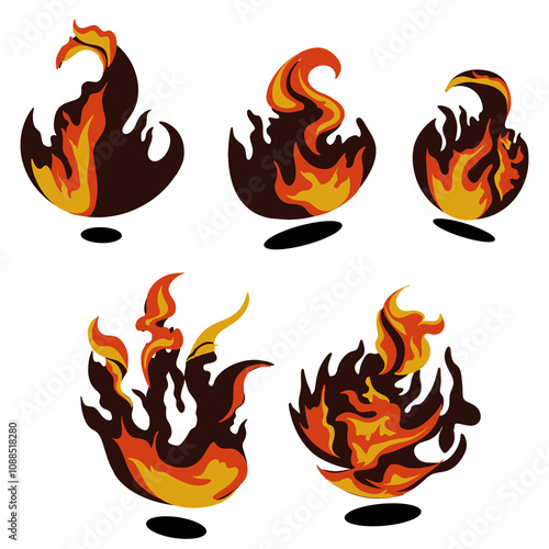 set of burning fire elements
