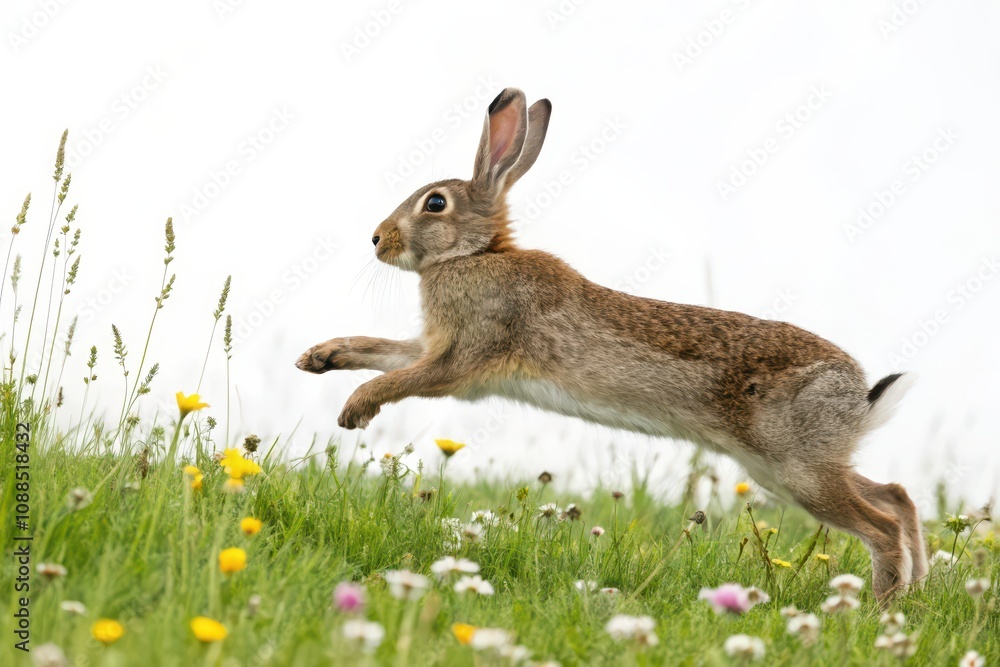 Rabbit leaping in meadow nature scene wildlife spring close-up vibrant colors Rabbit leaping in meadow nature scene wildlife spring close-up vibrant colors