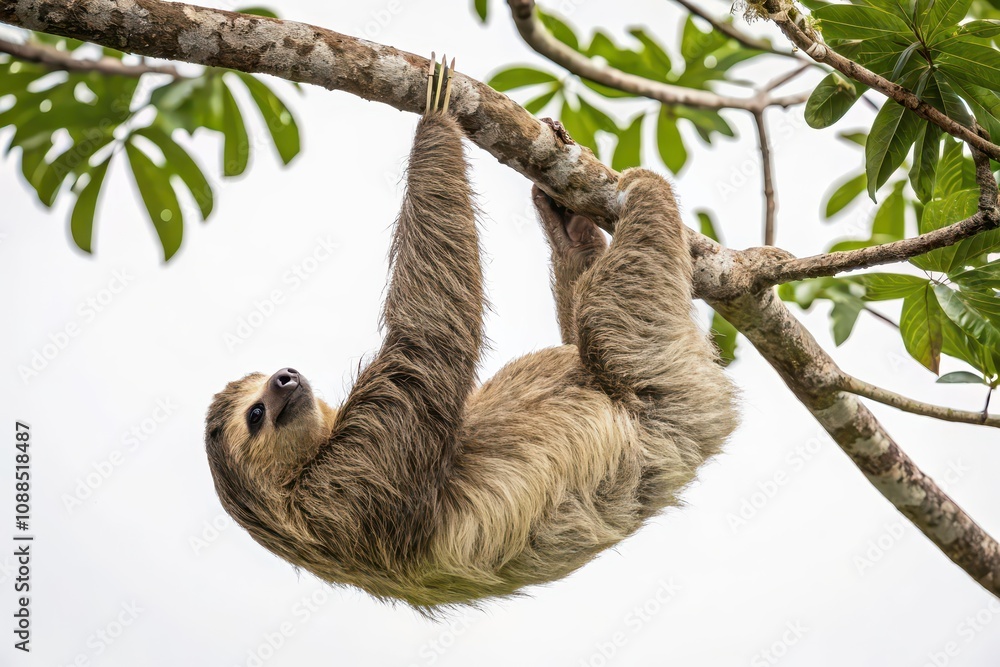 Fototapeta premium Sloth hanging on tree branch rainforest wildlife natural habitat close-up animal behavior
