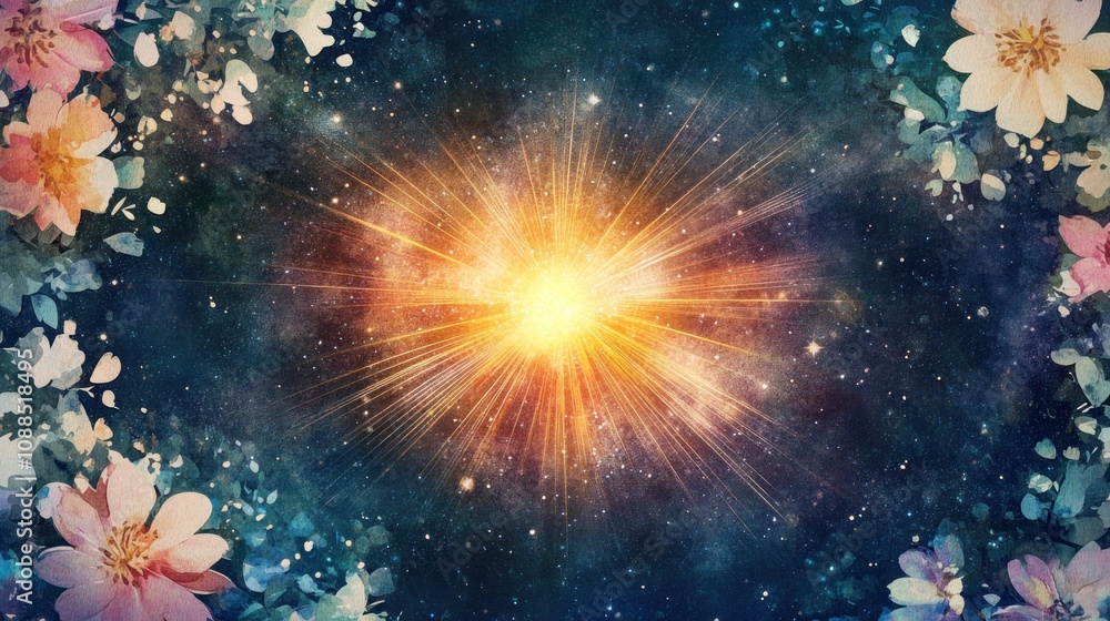 Fototapeta premium Celestial Bloom: A Cosmic Burst of Light and Floral Wonder