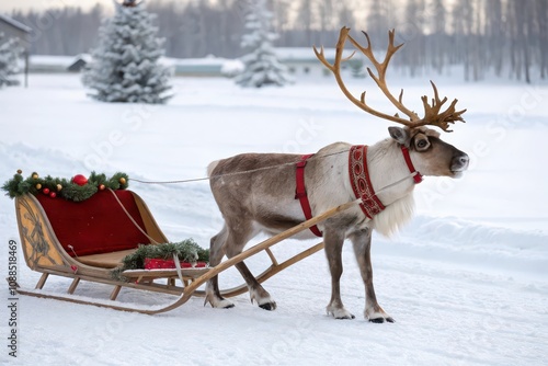 Reindeer pulling sleigh in winter wonderland nature outdoor scenic seasonal